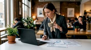 Business analyst working on BI report at desk