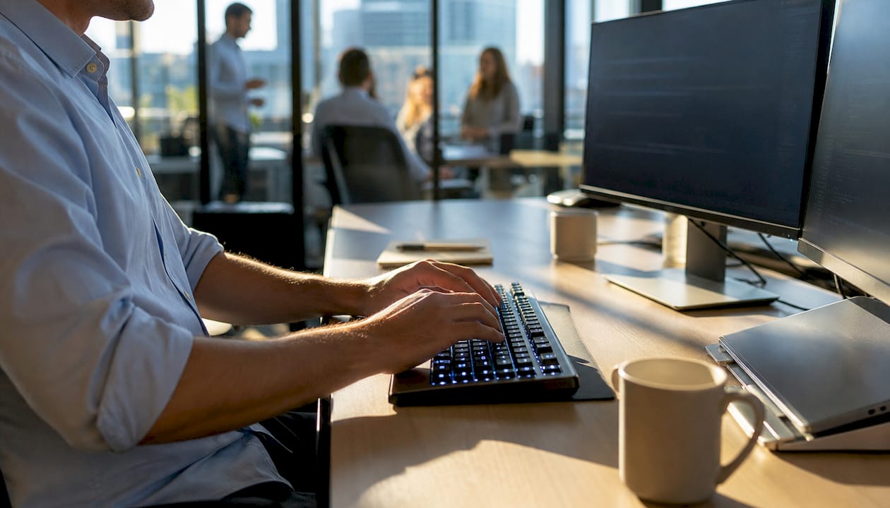 Hands typing on keyboard in server room
