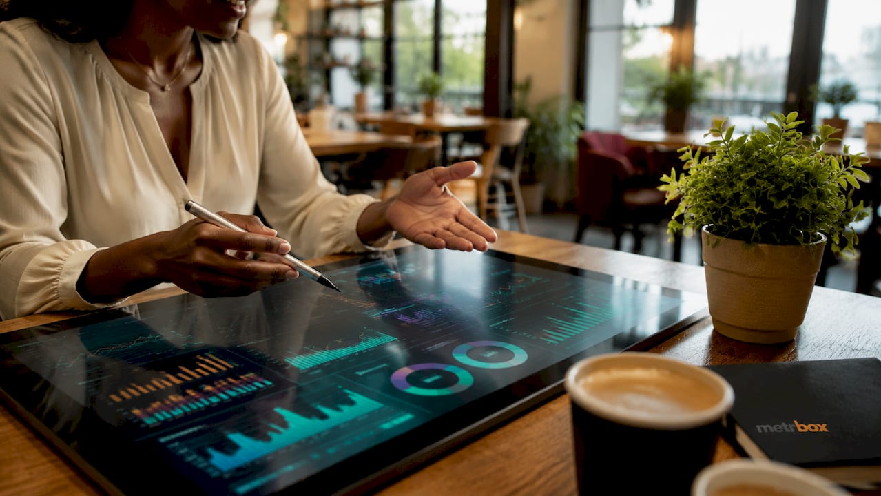 Hands pointing at KPI document with charts